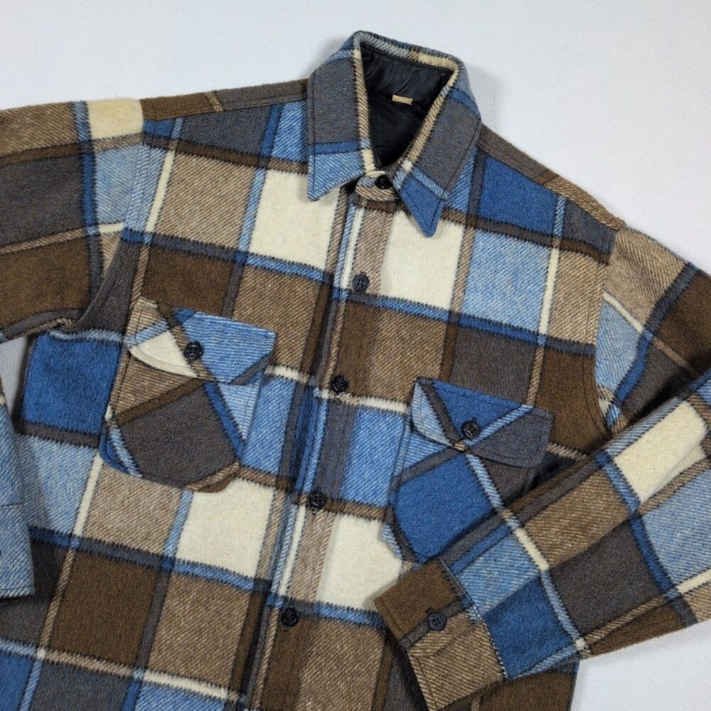 Vintage 60s CPO Button Up Plaid Flannel Heavyweight Shirt Jacket Lined Sz Medium